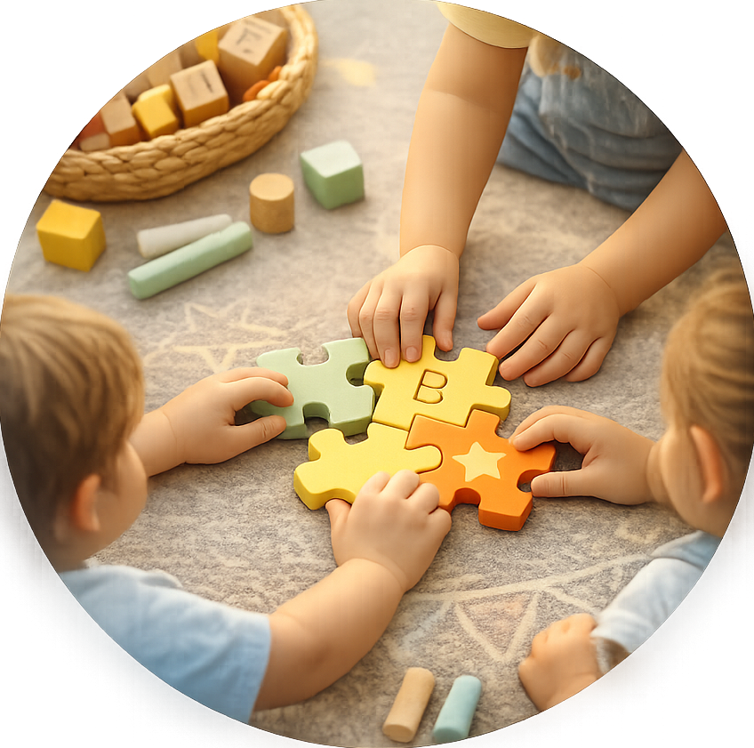Hands-on Learning - Children playing with wooden puzzle pieces